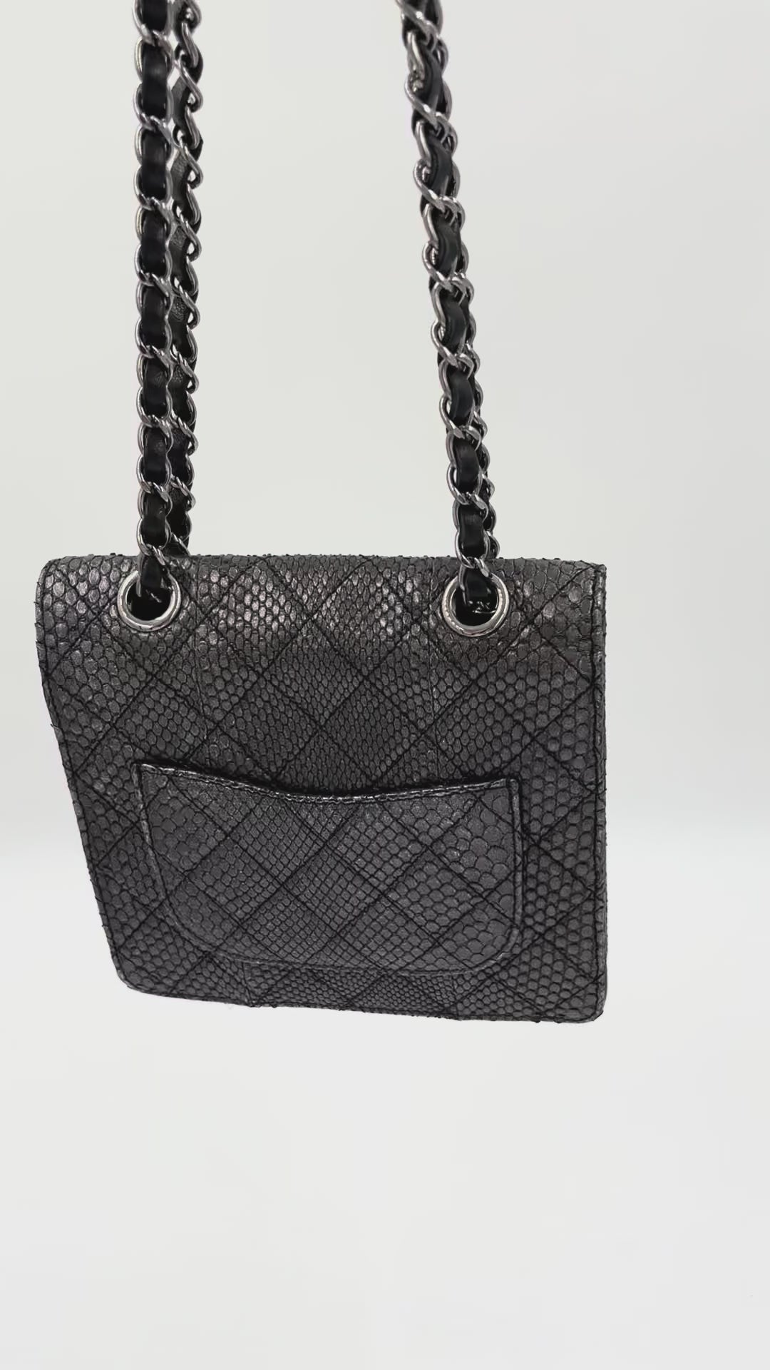 Pre-owned Chanel Small Metallic Gunmetal Snakeskin Flap Bag - Authenticated