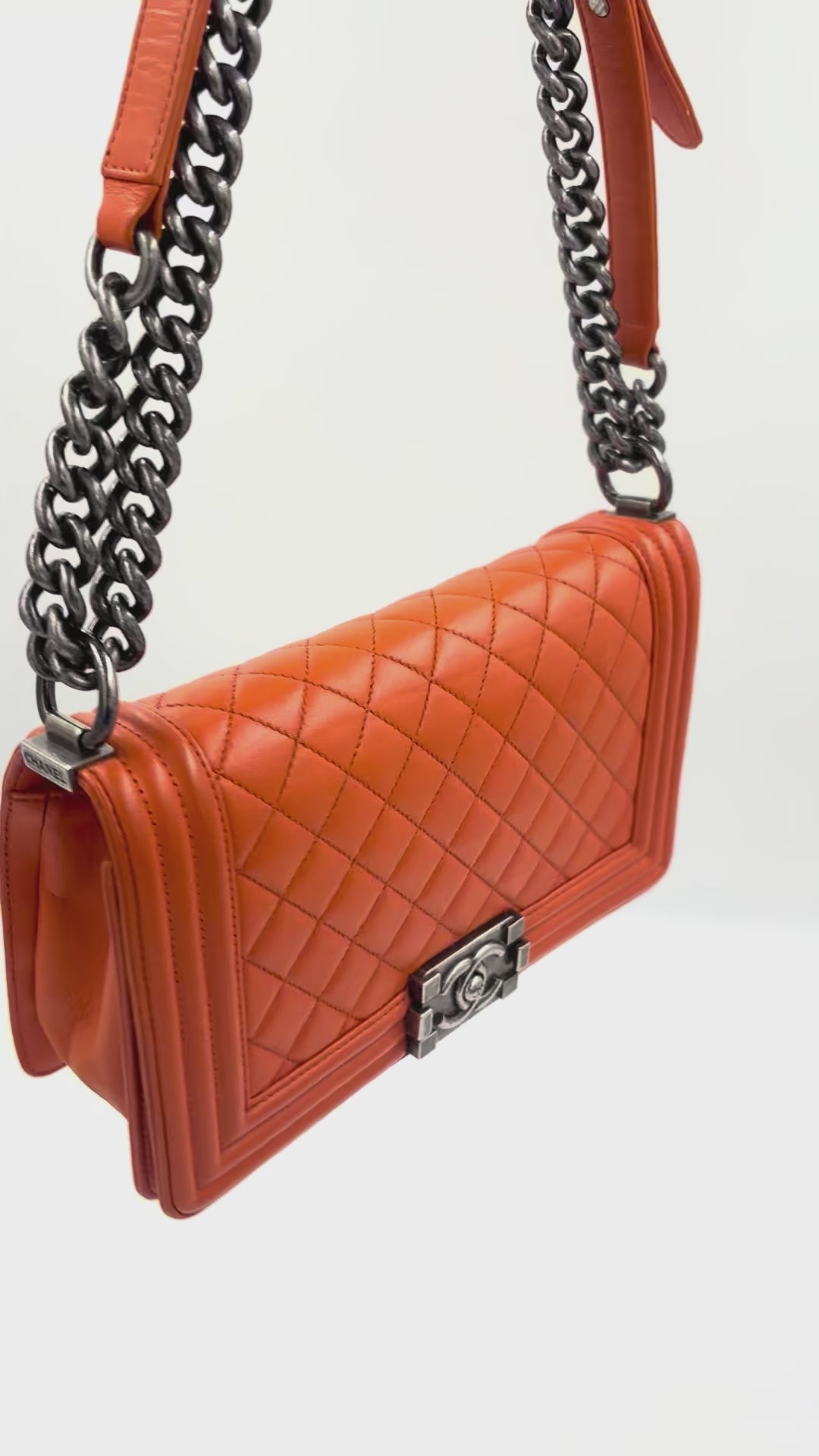 Pre-Owned Chanel Orange Boy Bag with Ruthenium Hardware Old Medium - Authenticated