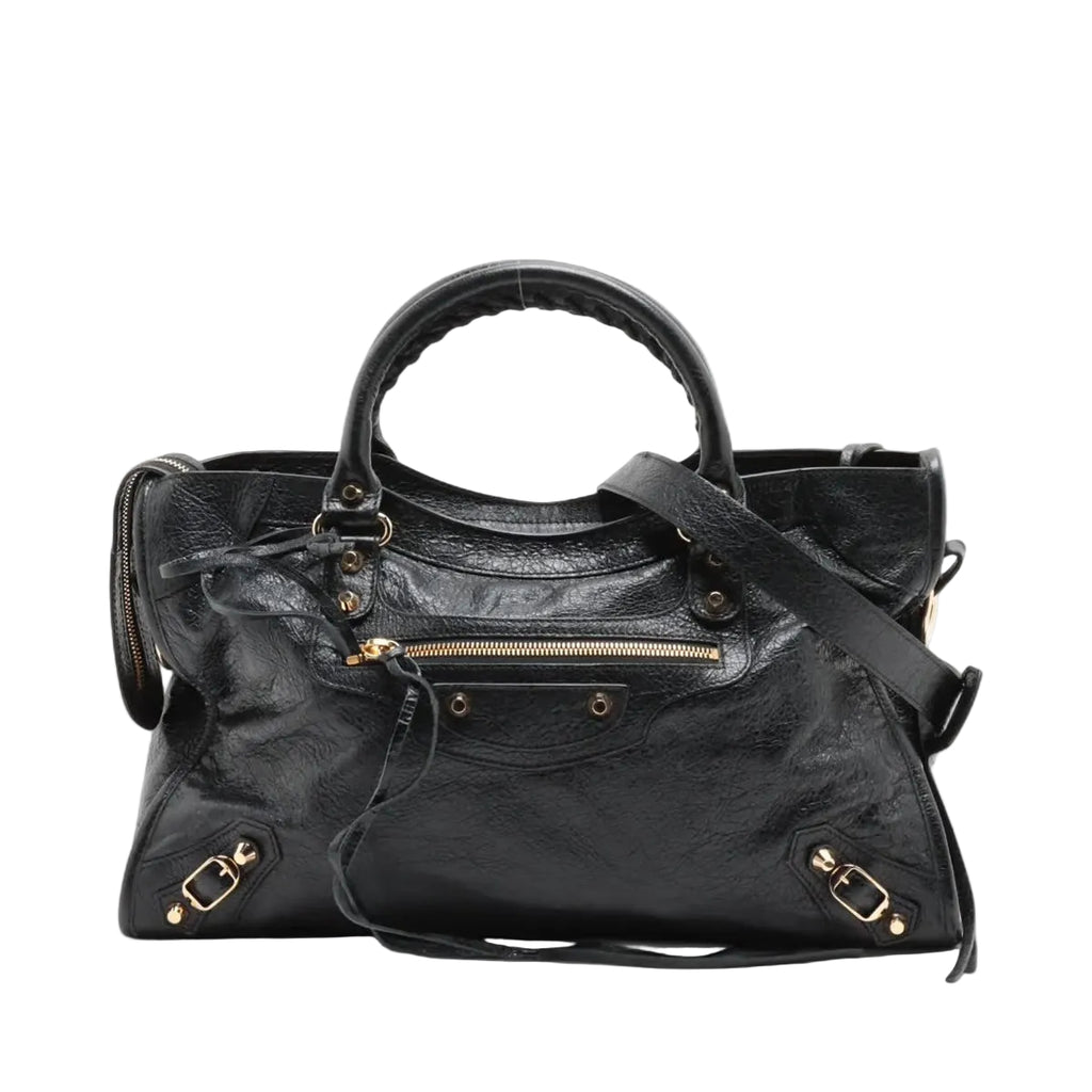 Pre-owned Balenciaga The City Leather 2 Way Handbag Black Gold Hardware - Authenticated